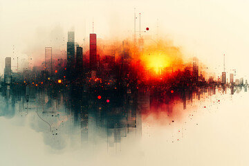 A city skyline with a red sun in the background. The city is in flames and the sun is setting