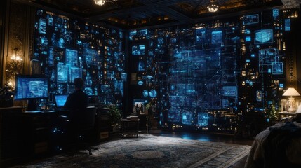 Poster - A Person Sitting in Front of a Wall of Computer Screens with Blue Interfaces
