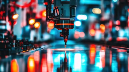 Poster - Industrial Robotic Arm with a Blurred Background of Red and Blue Lights