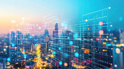 Poster - A Blurred Cityscape with an Overlaid Digital Grid and Code