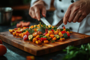 Chef Chopping Colorful Vegetables: Healthy Food Preparation in the Kitchen