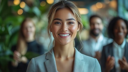 Confident Businesswoman Smiling in Modern Office Setting