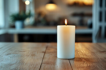 Aufkleber - White candle is lit on a vintage wooden table, creating a cozy ambiance on the bare surface
