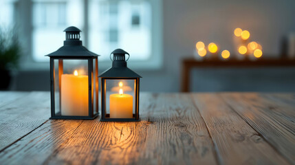 Poster - Two burning lanterns illuminating an empty wooden table with fairy lights in the background