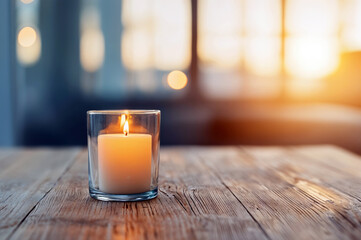 Aufkleber - Lit candle in a glass holder rests on a vintage wooden table, creating a cozy ambiance against the backdrop of a hazy sunset