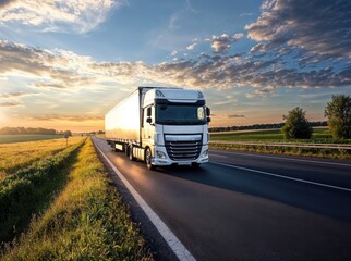 White delivery truck driving on country road at sunset