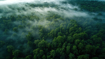 Poster - Aerial view of fog flowing over lush green forest