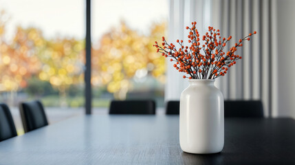 Wall Mural - White vase with orange berries standing on a table is illuminating an empty room