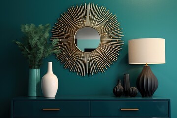 A teal dresser with two drawers, a gold sunburst mirror, and various vases against a teal wall.