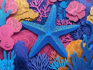 Poster - A blue starfish clings to corals in a vibrant coastal ecosystem, renowned for its diverse marine life and unique creatures, A blue starfish on coral in a vibrant coastal ecosystem