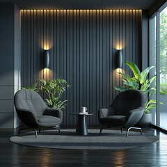 A modern living room with two black armchairs, a coffee table, and plants in front of a dark grey wall with wood paneling.