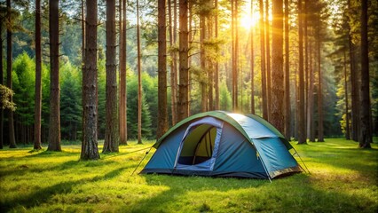 Camping tent on the green grass in the forest