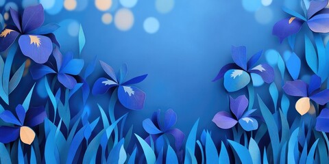 Blue iris flower border with empty space on a blue bokeh backdrop, Blue iris flower border with blank space on blue bokeh background