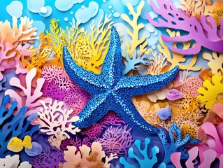 Poster - A blue starfish clings to corals in a vibrant coastal ecosystem, renowned for its diverse marine life and unique creatures, A blue starfish on coral in a vibrant coastal ecosystem