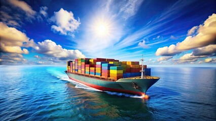 cargo ship carrying colorful shipping containers on ocean under sunny sky