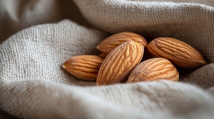 Close-up of six almonds on a textured linen background.