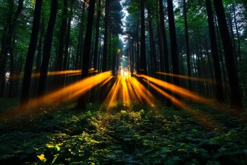 Poster - Early morning in a fairy-tale forest, where woodland creatures rise with the first light, and magical mist swirls through the trees as the day begins