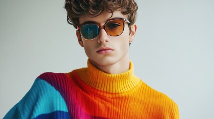 Stylish Young Man in Colorful Sweater and Sunglasses Against Neutral Background