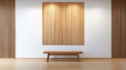 Modern interior with wooden accents and simple bench against a light wall. Bamboo eco-friendly furniture concept