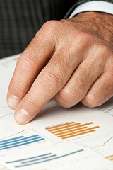 Hand pointing at statistical data on a chart, white isolate background