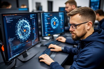 Aufkleber - Ethical hackers in a training session, analyzing vulnerabilities on a computer network, with screens displaying security flaws