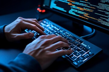 Aufkleber - Ethical hackerâ€™s hands hovering over a mechanical keyboard, with every detail of the keys, screen reflections, and lines of code sharply visible as they perform a penetration test