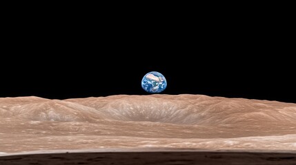 A stunning view of Earth from the Moon's surface, with a vast crater in the foreground and the planet hanging in the black sky.