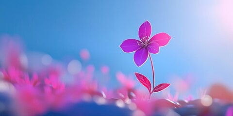 Vibrant purple flower captured with selective focus against a clear blue sky and softly blurred backdrop