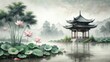 © Sayfar - Chinese ink wash painting of a waterside pavilion with lotus flowers in extreme close-up