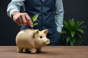 Businessman placing a young plant into a piggy bank on a wooden table in a modern office setting