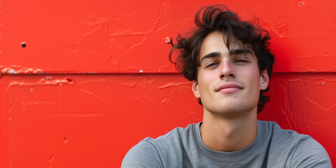 Confident Young Man Posing Against a Vibrant Red Wall in Casual Attire