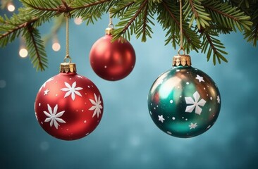 Wall Mural - Colorful Christmas ornaments hanging from a pine tree branch during festive season