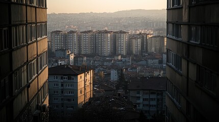 A view of a city from between two buildings with a golden sunset in the background.