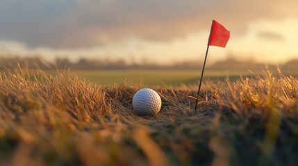 A golf ball sits in the rough near the flag on a golf course at sunset.