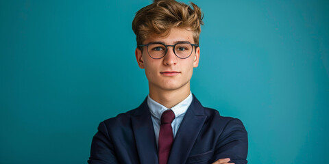 Confident Young Professional in a Suit Against a Vibrant Blue Background