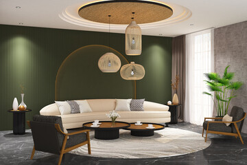 Wall Mural - 3d render of minimal tropical interior design of living room green ambience with arc panel wall, gray marble floor and white ceiling. Set 8