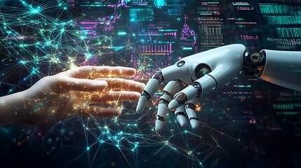 Aufkleber - A human hand reaches out to touch a robotic hand, symbolizing the relationship between humanity and artificial intelligence.