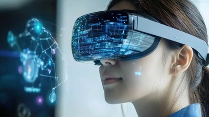 Poster - Woman Wearing Virtual Reality Headset Interacting with Digital Data