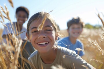 Portrait of smiling boy and girl in wheat field on sunny day