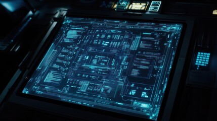 Poster - Futuristic Interface with Glowing Blue Data on a Dark Background