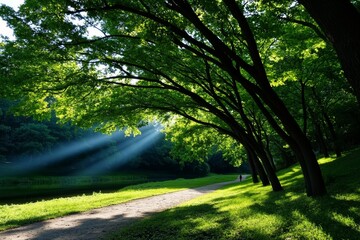 Poster - First light shining through a forest, with a person walking or hiking on a quiet path, surrounded by the peaceful sounds of nature waking up