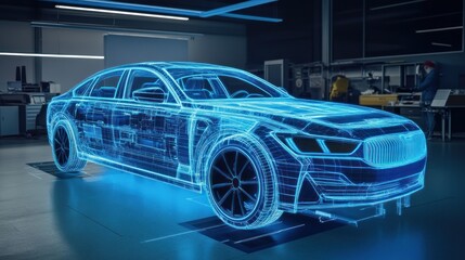 Poster - Wireframe of a Modern Sedan in a Workshop Environment
