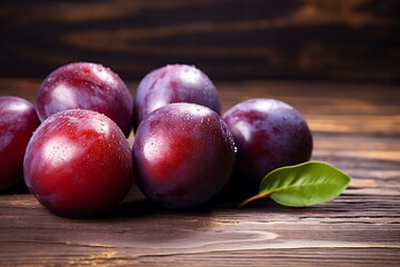 Fresh Plums on wooden background