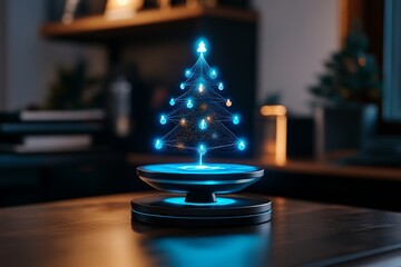 Poster - Floating digital Christmas tree made of light particles, with each ornament representing a family memberâ€™s location in real-time, connecting loved ones across the globe