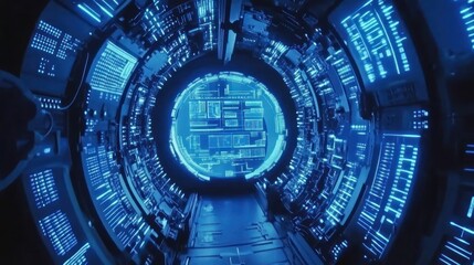 Aufkleber - Futuristic Blue Glowing Tunnel with Digital Code