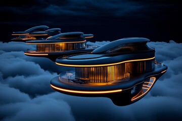Aufkleber - Floating residential city with futuristic homes suspended above the clouds, connected by bridges and glowing pathways