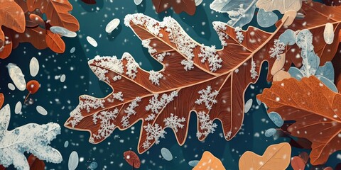 Aufkleber - Brown oak leaf adorned with hoarfrost and ice crystals, reflecting the essence of winter's arrival and chilly weather, Frosted brown oak leaf showcasing winter beauty