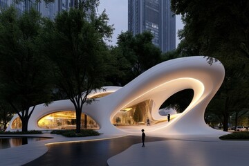 Poster - Futuristic city where natural elements like towering trees and flowing rivers are seamlessly integrated with advanced technology