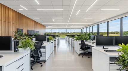 Poster - Modern Office Interior with White Desks, Plants, and Windows