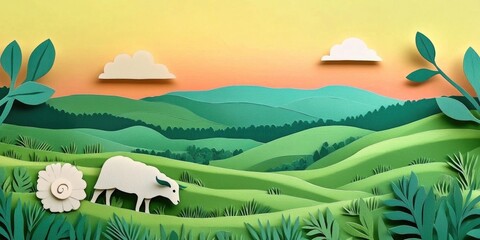 Poster - Sheep grazing in a grassy field with a hillside in the background, Sheep grazing on green grass with rolling hills in the background